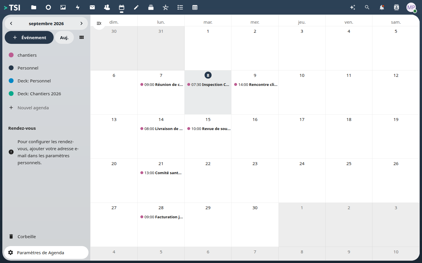 The team calendar